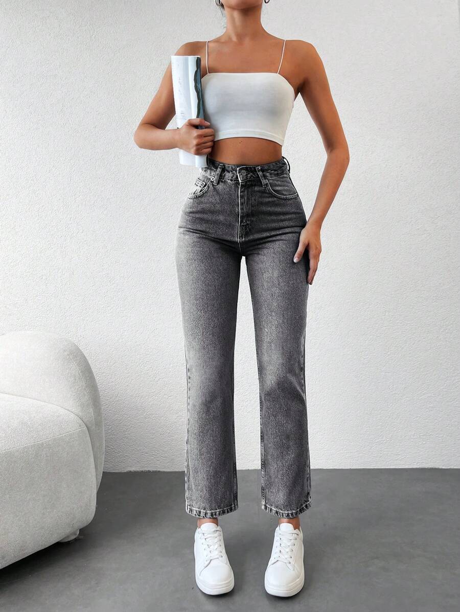 SHEIN Cottnline 女式高腰直筒纯色七分牛仔裤 - 深灰色 - 查看 1