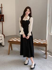 DAZY Vestido corto elegante de manga larga con solapa a color, vestido de camisa con volantes