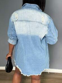 Women Single Breasted Flap Pocket Frayed Hem Ripped Denim Jacket - Light Wash - View 2