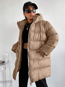 RueChic Zip Up Hooded Puffer Coat - Beige - View 4