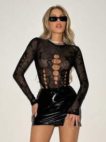 SHEIN ICON Y2k Black Sexy Solid Color Sexy Round Neck Slim Fit Rose Jacquard Sheer Mesh Burnout Hollow Long Sleeve Bodysuit Goth Tops