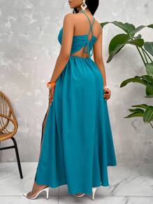 Zolique Đầm Maxi hở lưng buộc chéo Crisscross cho nữ - Màu xanh ngọc - Xem 2