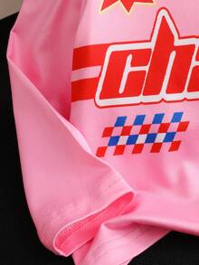 SHEIN 女宝宝时尚街头风格赛车与字母印花圆领长袖休闲上衣 - 粉色 - 查看 7