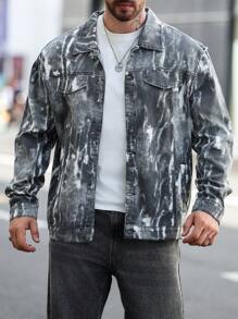 Manfinity Homme Plus Size Men's Random Print Long Sleeve Denim Jacket - Dark Grey - View 4