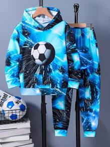 2pcs Young Boys' Football Print Hoodie And Pants Set, Casual Sports Style For Fall/Winter