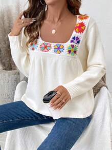 SHEIN LUNE Square Neck Floral Embroidery Long Sleeve Sweater, Random Flower Color Knit Pullover Fall Winter Outfit