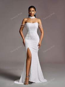 Faeriesty Vestido de novia - Escote corazón sin tirantes con adornos de cascada de cadena de cuentas, abertura hasta el muslo y elegante cola de sirena para ceremonias nupciales, bodas en la iglesia, galas formales, recepciones nocturnas, eventos de alfombra roja de lujo, novia