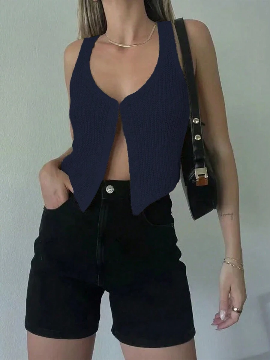 SHEIN Unity Fashionable Short Knit Tank Top Casual Basic Women Vest - Blue - View 1