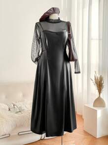 SHEIN Frenchy 大码派对优雅透明立领修身 T 恤和 PU 吊带裙套装