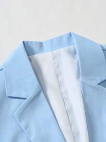 Manfinity Mode 大码男士纯色亨利领短袖西装外套和短裤休闲套装，夏季服装 - 淺藍色 - 查看 6