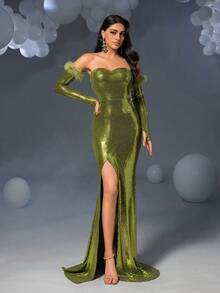 Faeriesty Váy xòe lông vũ xẻ tà nàng tiên cá viền sequin - màu xanh lá - Xem 3