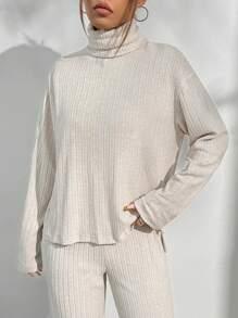 Flirla Set de 2 piese pentru femei, cu guler înalt, cu mânecă lungă, de culoare uni, de top minimalist și cu picior drept. - Caisă - Vizualizare 6