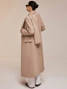 Poéselle Women's Casual Solid Color Double Breasted Long Overcoat With Scarf, Autumn Winter - Khaki - View 5