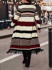 大码女式拼色流苏长袖开衫 - 彩色 - 查看 2