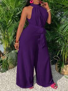 Slaydiva 1pc Green High Neck Slit Pocket Wide Leg Jumpsuit - Purple - View 5