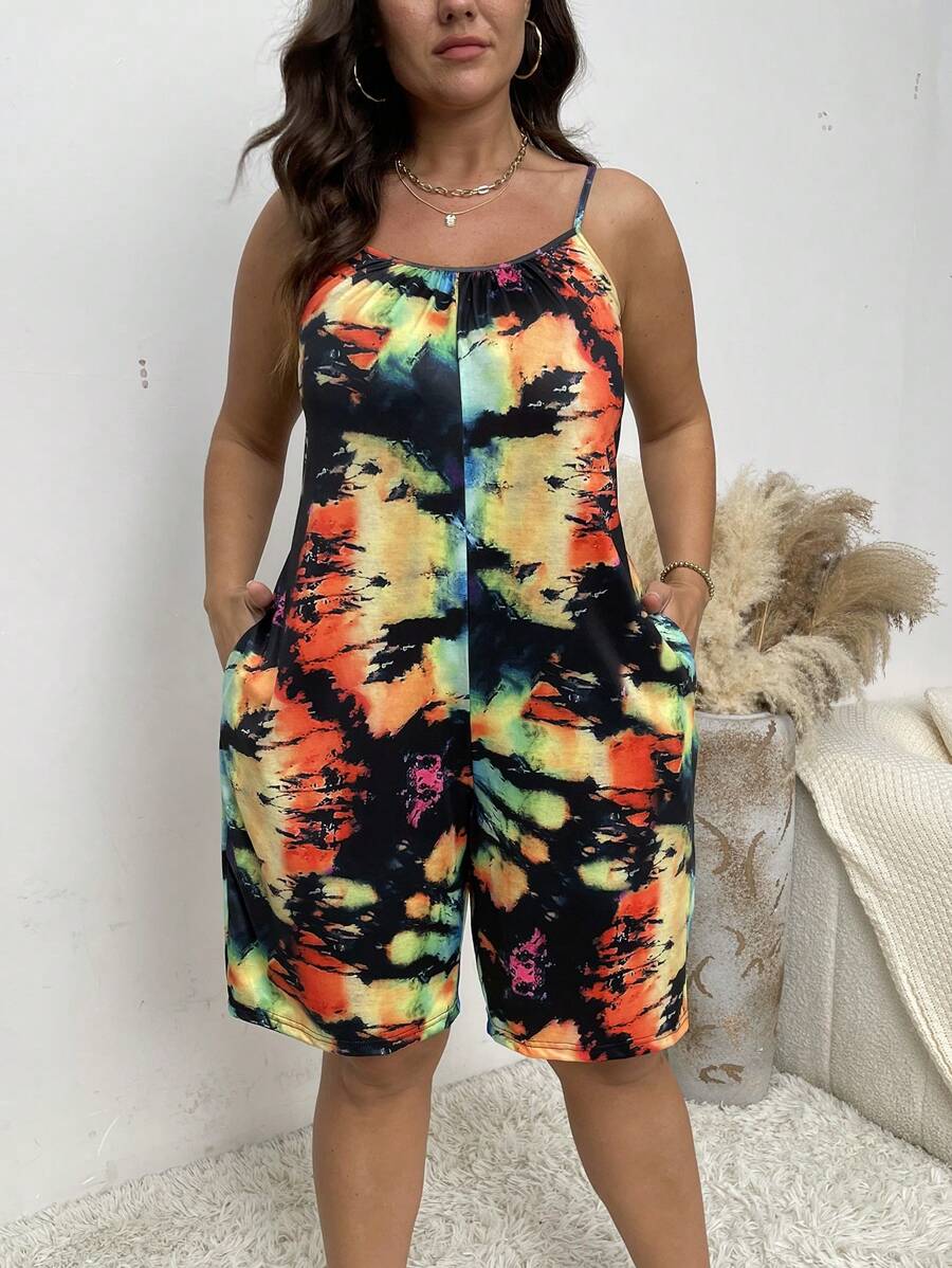 Breezaya Plus Size Fashion Tie-Dye Spaghetti Strap Romper, Summer - Multicolor - View 1