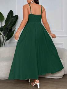 Flirla Plus Size Solid Color Spaghetti Strap Front Drawstring Split Thigh Dress, Maxi Vacation Beach Outfits Women