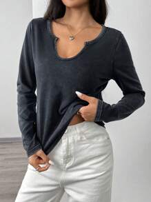 SHEIN EZwear 女士新款秋季纯色黑色V领做旧酸洗长袖宽松T恤 - 黑色 - 查看 1