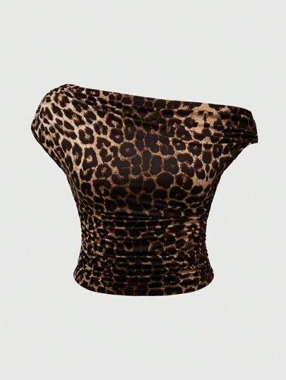 ROMWE Grunge Punk Y2K Gyaru Sexy Plus Size Leopard Print Ruched T-Shirt With Asymmetrical Neck For Women, For Summer