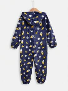 SHEIN Leap Crew Bộ đồ ngủ dài tay in hình bóng bầu dục có mũ trùm đầu nửa khóa kéo dành cho bé trai tuổi mới lớn - Màu xanh hải quân - Xem 2