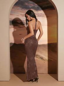 Hauture Sophisticated Lace Bodycon Dress With Halter Neckline And Strappy Cutout Detailing