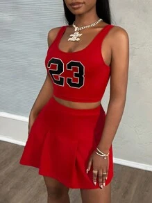 Slaydiva 2 件套女士休闲节日字母印花无袖短款上衣和百褶裙套装