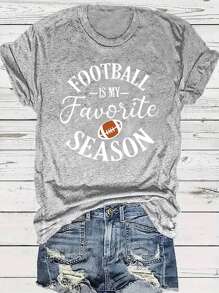 INAWLY Plus Size Curved Letter & Rugby Ball Print Round Neck T-Shirt - Light Grey - View 1
