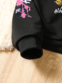 SHEIN Tween Girl 3pcs Hoodie Sweatshirt With Front Print - Black - View 6