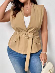 SHEIN Privé Plus Size Women Apricot Color Tie Front Suit Vest, New Arrival Fall - Khaki - View 4