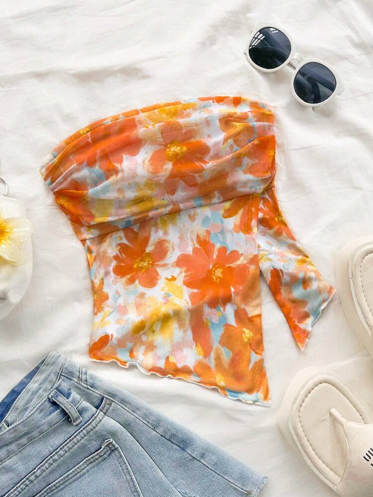 Soleia Women's Vacation Floral Print Ruched Bust Slit Hem Form Fitting Tube Top - Multicolor - View 1