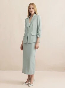 BizChic 女士优雅办公装长袖西装外套和裙套装 - 青碧色 - 查看 6