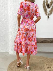SHEIN LUNE Của phụ nữ Hoa Cổ chữ V Nút phía trước Ngắn Ống tay áo Đầm Với Bên Khe , Hoàn hảo Đối với Kỳ nghỉ - Nhiều màu - Xem 2