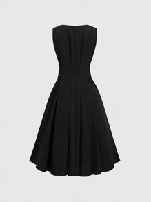 Chiquease 黑色無袖A字裙，中長筒長度，腰部收緊，非常適合畢業禮或夏季 - 黑色 - 查看 2