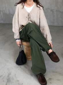 FRIFUL Áo khoác cardigan dệt kim nơ cho nữ có lớp lót giữ nhiệt, dày, mùa thu đông - Màu be - Xem 8