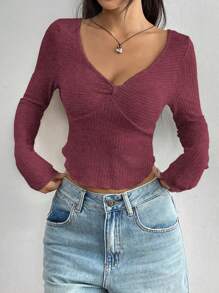 SHEIN Unity Women's Solid Color Long Sleeve Twist Front Fitted T-Shirt, Spring And Autumn - Redwood - View 1