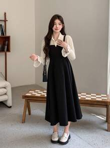 DAZY Vestido corto elegante de manga larga con solapa a color, vestido de camisa con volantes