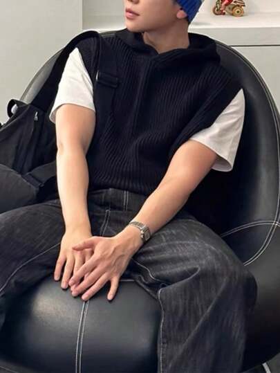 Claim Dot 男士纯色简约连帽针织背心，休闲日常穿着