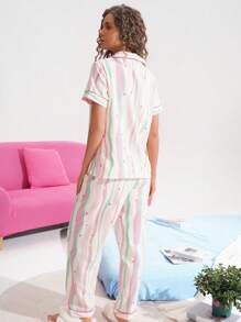 Chillnights Women's Colorful Striped Bubble Crinkle Casual Pajama Set Holiday Season