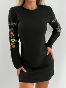 EURMUSE Floral Print Sweatshirt Dress Without Belt - Black - View 5