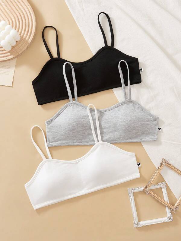 3pcs Teen Girls' French Minimalist Padded, Breathable Knit Underwear Set