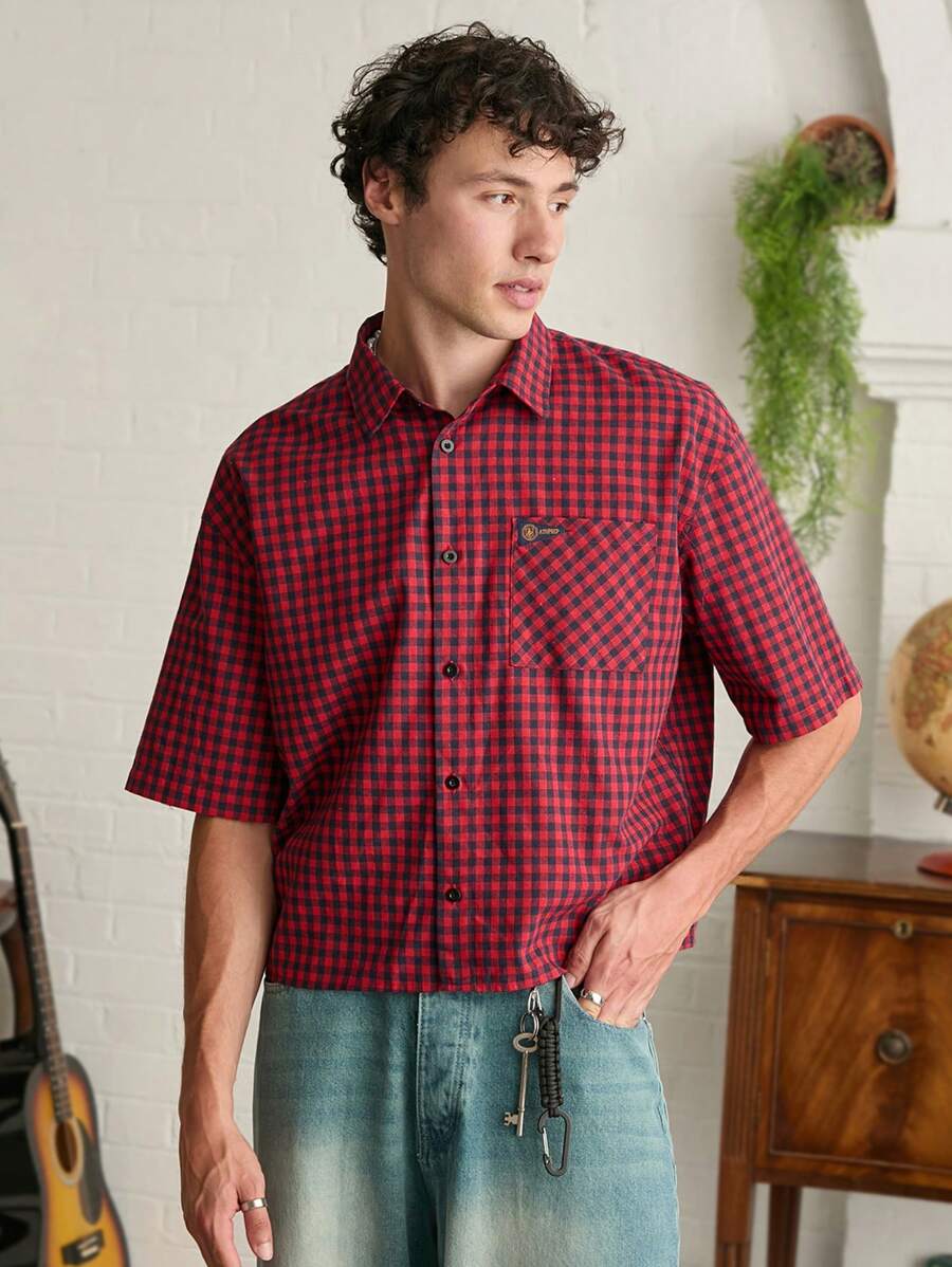 SWAVVY Áo sơ mi nam tay ngắn kẻ sọc rộng rãi, dáng hộp, Y2K - Nhiều màu - Xem 1