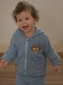 SHEIN Baby Boy Embroidery Decor Hooded Sweatshirt And Solid Color Pants Clothes Set - Multicolor - View 10