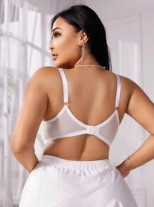 SHEIN 加大码纯色蕾丝蝴蝶结装饰无钢圈文胸性感内衣，提升 - 白色 - 查看 2