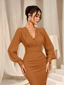 Faeriesty Elegant Cross-Over V-Neck Lantern Sleeve Mermaid Hem Dress - Sophisticated Timeless Design For Spring/Summer Weddings, Galas, Red Carpet