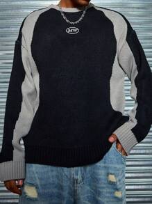 Manfinity Homme Áo len cổ tròn thêu chữ Colorblock thường ngày cho nam, Thu/Đông - màu đen - Xem 4
