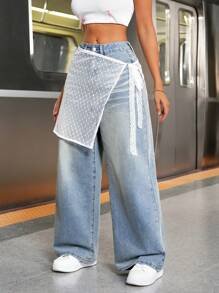 SHEIN EZwear 1pc Women's Denim Pants With Detachable Lace Hem Skirt, Blue - Multicolor - View 3