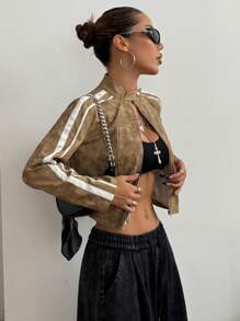 StreetHx Women's Front Zip Up Long Sleeve Solid Color Patchwork Minimalist Jacket, Casual Daily Wear - Apricot - View 4