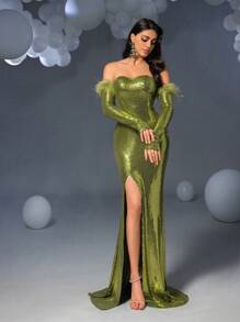 Faeriesty Váy xòe lông vũ xẻ tà nàng tiên cá viền sequin - màu xanh lá - Xem 1