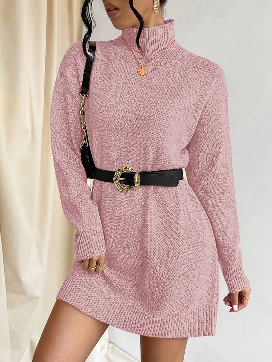 EURMUSE 高領落肩袖毛衣連衣裙(不含皮帶) - 粉色 - 查看 1