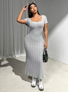 SHEIN EZwear Plus Size Women Grey Ribbed Short Sleeve Knit Dress - Grey - View 3